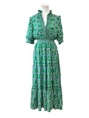 Max Studio London Green Floral Tiered Maxi Dress Smocked Waist XS